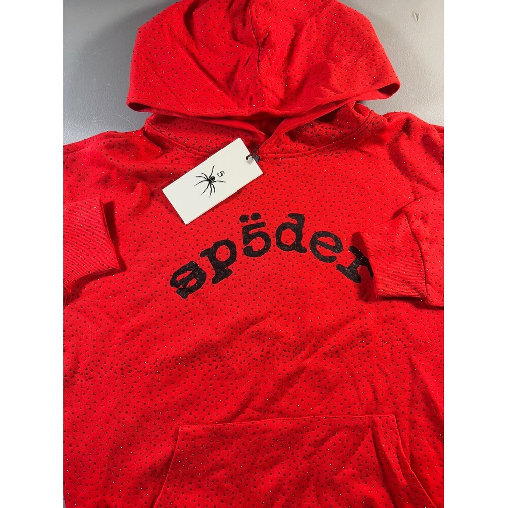 Sp5der Worldwide Hoodie Mens Medium Red Rhinestone Logo Pullover Streetwear New